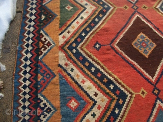 Large SW Persian Qashqai or Kashkuli Kilim with excellent colors. 5'8" X 10'2"....173X310 Cm. Great shape. Only minor fold wear like lines as shown on the top end.     