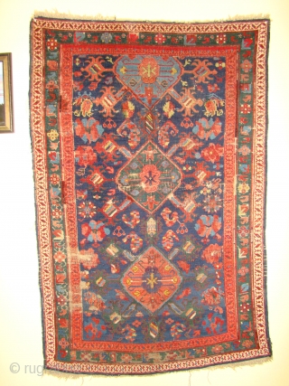 Colorful Caucasian Kuba Bird rug. 45X69 inches 115X175 Cm. A few of the red arrows in the top border seem to be synthetic but the rest are great colors. Scattered old repair/repile  ...
