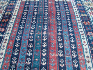 Handsome Caucasian Prayer Rug, Akstafa? 37X49 inches 94X125 Cm. Minor wear and a few small holes plus a crease stitched as shown. Overall very inexpensive to restore.      