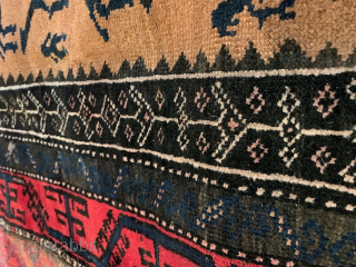 Unusual Baluch Prayer rug with Caravan of camels on a camel wool ground. Please Contact by emailing antiquerugs@comcast.net 
              