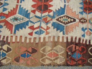 Anatolian Turkish Kilim. 4'4"X13'9"....132X420 Cm. Two damaged areas in the field as shown. Had a few braided "tail like" weaving on the backside.          