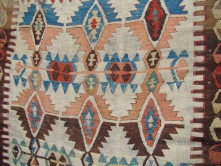 Anatolian Turkish Kilim. 4'4"X13'9"....132X420 Cm. Two damaged areas in the field as shown. Had a few braided "tail like" weaving on the backside.          