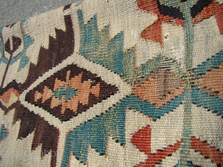 Anatolian Turkish Kilim. 4'4"X13'9"....132X420 Cm. Two damaged areas in the field as shown. Had a few braided "tail like" weaving on the backside.          