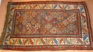 Kurdish rug with floppy handle and great natural dyes. 4' X 6'4"
The wool is very soft and shiny. All intact, wool foundation, some wear and a small repair as shown.   