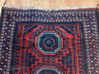 Antique Baluch rug with unusual pattern... Could be a prayer rug, note the change of inner Tree border at the top end..
With wear and small repairs as shown in the last two  ...