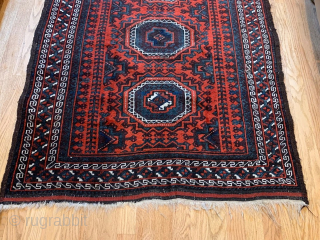 Antique Baluch rug with unusual pattern... Could be a prayer rug, note the change of inner Tree border at the top end..
With wear and small repairs as shown in the last two  ...