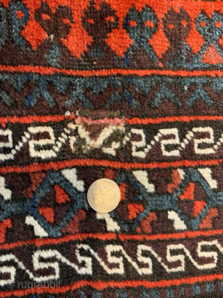 Antique Baluch rug with unusual pattern... Could be a prayer rug, note the change of inner Tree border at the top end..
With wear and small repairs as shown in the last two  ...