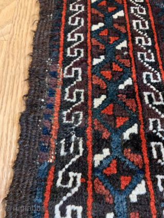 Antique Baluch rug with unusual pattern... Could be a prayer rug, note the change of inner Tree border at the top end..
With wear and small repairs as shown in the last two  ...