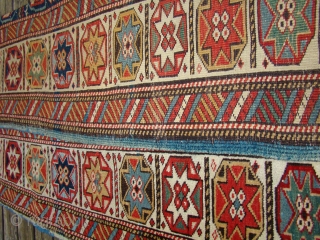 Sweet little Caucasian rug in great shape. All original with braided ends intact.
3x5 feet, 95X153 Cm. (2" wider at lower end and longer on left side)       