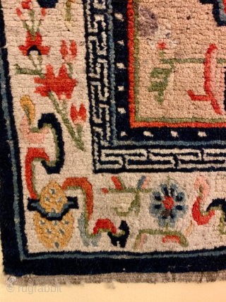 Antique Tibetan Khaden rug.
Originally woven by nomadic tribes and Monks, these textiles serve as versatile sleeping mats, meditation and sitting cushions, or even saddle rugs. Contact: antiquerugs@comcast.net

Size: 29X54     