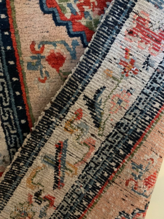 Antique Tibetan Khaden rug.
Originally woven by nomadic tribes and Monks, these textiles serve as versatile sleeping mats, meditation and sitting cushions, or even saddle rugs. Contact: antiquerugs@comcast.net

Size: 29X54     