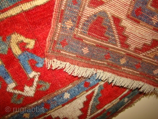 Caucasian Fachralo prayer rug in very good condition. 46"X56" Very soft and supple.
All original with a small 2X2" repair at the right side of the white medallion.      