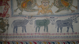 WONDERFUL "KANTHA" FROM MUSHIDABAD(WEST BENGAL) , VERY INTRICATE AND FINE WORK DONE. A PICTORIAL TEXTILE WITH ALL FIGURES OF ANIMALS , HUMAN , BIRDS ETC MAY BE USED AS A WRAP FOR  ...