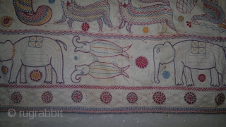 A BEAUTIFUL AND OLD KANTHA TEXTILE (INDIA). ALL HAND STITCHED WITH THEME "TREE OF LIFE" , CHAIN STITCH , EARLY STYLE OF MAKING FEATURED ANIMALS IS VERY NICELY SHOWN IN THISE WONDERFUL  ...