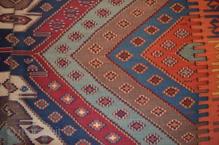 An extraordinary kilim, very large, measures 15' 7" long (add 6" for fringe) x 69" wide, 2 piece, the border has an incredible salmon color border.  The condition and colors are  ...