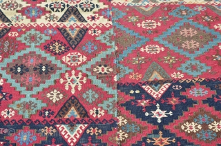 Anatolia or Northern Persia Kilim (?), beautiful colors, in nice condition, though the two panels don't match up very well.  Measures 11' 6" at its longest x 5' wide.  Nice  ...
