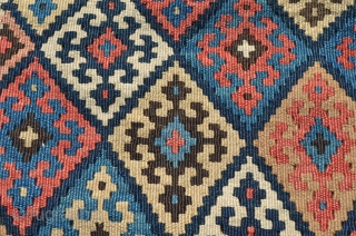 Beautiful early slit tapestry bag, wonderful condition, good age.  Measures 23" high x 20" wide.                 
