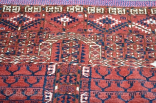 Tekke Ensi, great color and condition, complete with original braided hanging band.  Measures 52" x 46 1/2" Circa 1900-1920.  Recently cleaned.          