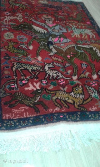 On offer is a hand knotted 30 Raj eye-catching Hunting rug from Kerman Iran.
Hunting is one of the most beautiful patterns in Persian rugs.
rug size: 95cm*65cm
more images on request.    