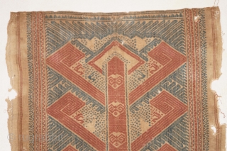 Rare Tampan kalianda ceremnial ship cloth with red and blue ship, pasisir people Lapung region Kalianda district southern Sumatra Indonesia, 18 - 19th century, handspun cotton natural dyes.     