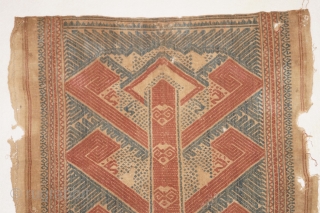 Rare Tampan kalianda ceremnial ship cloth with red and blue ship, pasisir people Lapung region Kalianda district southern Sumatra Indonesia, 18 - 19th century, handspun cotton natural dyes.     