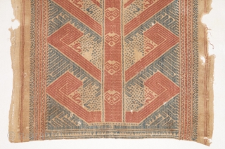 Rare Tampan kalianda ceremnial ship cloth with red and blue ship, pasisir people Lapung region Kalianda district southern Sumatra Indonesia, 18 - 19th century, handspun cotton natural dyes.     