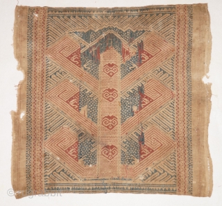 Rare Tampan kalianda ceremnial ship cloth with red and blue ship, pasisir people Lapung region Kalianda district southern Sumatra Indonesia, 18 - 19th century, handspun cotton natural dyes.     