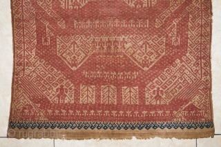 #rb015 Rare and large Red Tampan ceremonial cloth Kalianda or Jabung district Lampung south Sumatra Indonesia, Paminggir people handspun cotton natural dyes supplementary weft weave, rare with red and blue color motif,  ...
