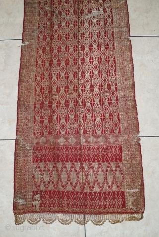 #rb026 Minangkabau female ceremonial shoulder cloth, Minangkabau people west sumatra Indonesia, late 19th century silk gold threat natural dyes weft ikat supplementary weft weave, good condition with small holes, size: 176 cm  ...