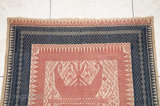 #rb031 Rare and large Red Tampan ceremonial cloth Kalianda or Jabung district Lampung south Sumatra Indonesia, Paminggir people handspun cotton natural dyes supplementary weft weave, rare with red and blue color motif,  ...