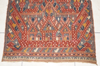 #rb033 Rare and large Red Tampan ceremonial cloth Kalianda district Lampung south Sumatra Indonesia, Paminggir people handspun cotton natural dyes supplementary weft weave, rare with red and blue color motif, good condition,  ...