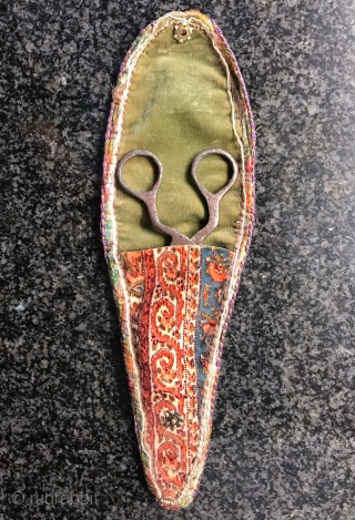 An antique Persian metal scissors and silk velvet scissors bag, dating to the 19th century Iran. These are probably from Yazd region of Iran. Scissor bags in general are hard to find  ...