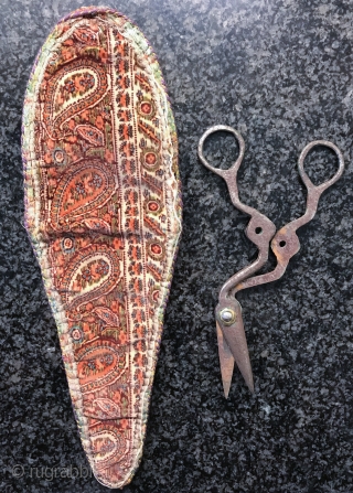 An antique Persian metal scissors and silk velvet scissors bag, dating to the 19th century Iran. These are probably from Yazd region of Iran. Scissor bags in general are hard to find  ...