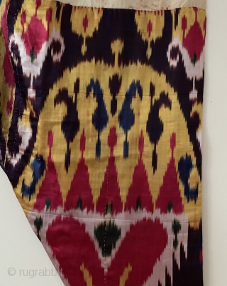 a very rare complete antique Uzbek silk atlas satin weave Ikat trousers dating to the 19th Century. This highly collectible ethnographic garment is attributed to the city of Bukhara. Such silk embroidered  ...