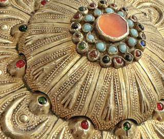A majestic large scale antique gold appliqué and silver with turquoise and glass inset, Turkoman / Turkmen Yomut / Yomud tribe, bridal jewellery ornament known as Girda or Gulyakhan. Dating to late  ...