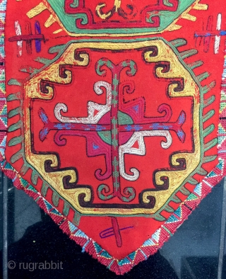 An excellent antique Uzbek Lakai silk embroidered uut kap ilgich, dating to late 19th century. This shield shaped talismanic hanging is a fine example and rather different in design to the typical  ...