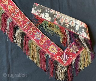 An exceptional antique Uzbek Lakai Tribe silk embroidered 'saygosha' hanging, dating to 19th century. These 'v' shaped hangings were dowry textiles, initially made to attach to the elegant and decorative bridal bed  ...