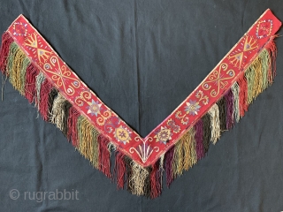 An exceptional antique Uzbek Lakai Tribe silk embroidered 'saygosha' hanging, dating to 19th century. These 'v' shaped hangings were dowry textiles, initially made to attach to the elegant and decorative bridal bed  ...
