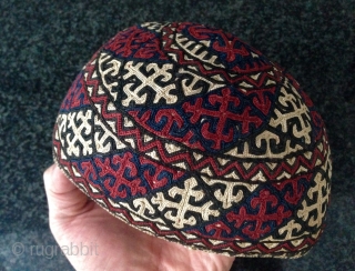 An exceptional and rare antique silk embroidered Yomud / Yomut tribe Turkoman / Turkmen hat.  There is a distinctive beauty to a good Turkoman embroidery that is unlike that of their  ...