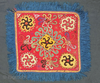 a striking antique Uzbek Lakai tribe silk embroidered talismanic ilgich hanging dating to the late 19th century. These bridal embroideries were made as dowry offerings and hung on yurts / tents as  ...