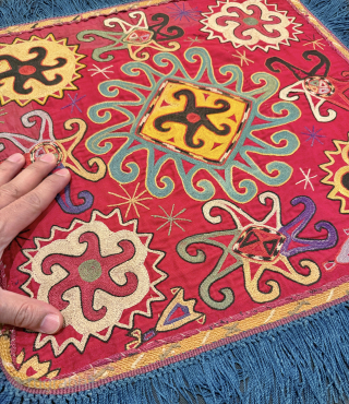 a striking antique Uzbek Lakai tribe silk embroidered talismanic ilgich hanging dating to the late 19th century. These bridal embroideries were made as dowry offerings and hung on yurts / tents as  ...