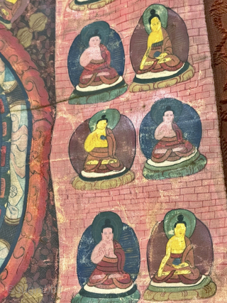 A beautiful antique Tibetan silk painted Buddhist Thangka from 19th century Tibet. At the centre of the colourful design is an elaborate Mandala with Buddha / Lama figures on each corner. The  ...