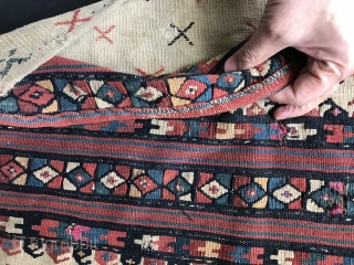 An exceptional Antique Caucasian flat weave bag dating to the 19th century. It is a very unusual to see flatweave from the Caucasus in this design format. The colours are magnificent....just mind  ...