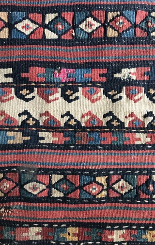 An exceptional Antique Caucasian flat weave bag dating to the 19th century. It is a very unusual to see flatweave from the Caucasus in this design format. The colours are magnificent....just mind  ...