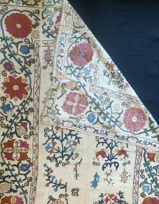 A lovely antique Uzbek silk suzani from 19th century rural Bukhara. It has fine polychrome silk chain-stitched embroidery on a cotton ground known as Karbos. The floral design is arranged in a  ...