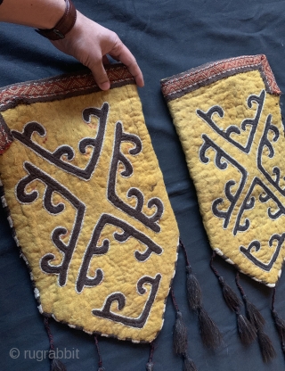 a rare pair of antique Kirghiz namad / felt embroidered Ok bash, dating between late 19th century and early 1900's . These yurt / tent textiles were possibly tent pole covers for  ...