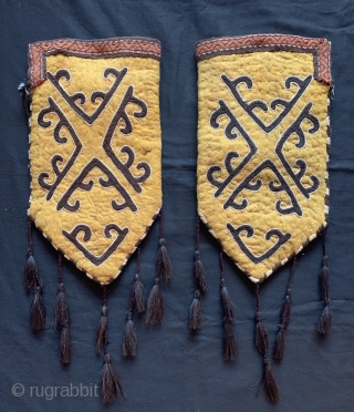 a rare pair of antique Kirghiz namad / felt embroidered Ok bash, dating between late 19th century and early 1900's . These yurt / tent textiles were possibly tent pole covers for  ...