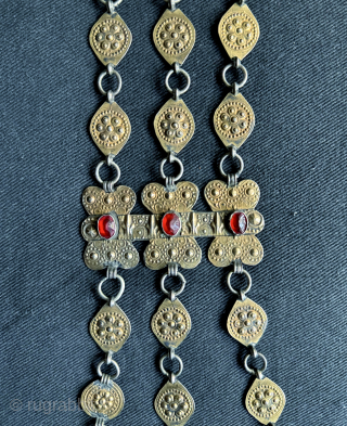 A brilliant antique gold appliqué and silver Turkoman / Turkmen Yomut / Yomud tribe bridal jewellery for hair cover. Dating to the late 19th century / early 1900’s, this bridal jewellery was  ...