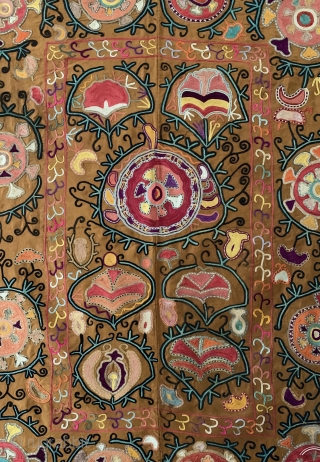 An lovely Antique Uzbek silk suzani dating to early 1900’s. Though such types are often generically called lakai, It is likely made in rural areas around the city of Shahrisabz or Karshi  ...