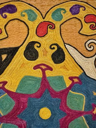 A fantastic antique Uzbek Lakai tribe silk embroidered talismanic ilgich hanging fragment dating to the 19th century. These bridal embroideries were made as dowry offerings and hung on yurts / tents as  ...
